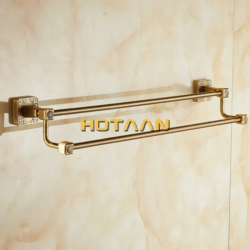 Antique brass finish double towel bar bathroom wall rack