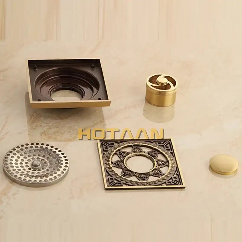 Antique brass flower art square floor drain black & gold bathroom