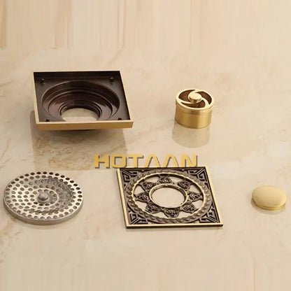 Antique brass flower art square floor drain black & gold bathroom