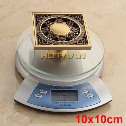 Antique brass flower art square floor drain black & gold bathroom