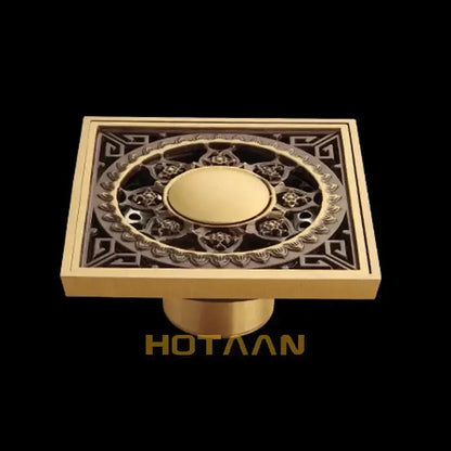 Antique brass flower art square floor drain black & gold bathroom
