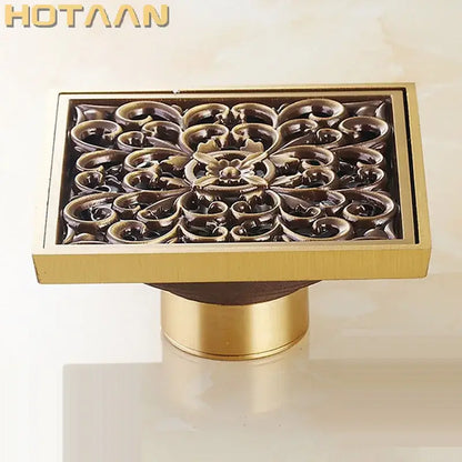 Antique brass flower art square floor drain black & gold bathroom