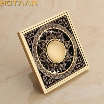 Antique brass flower art square floor drain black & gold bathroom