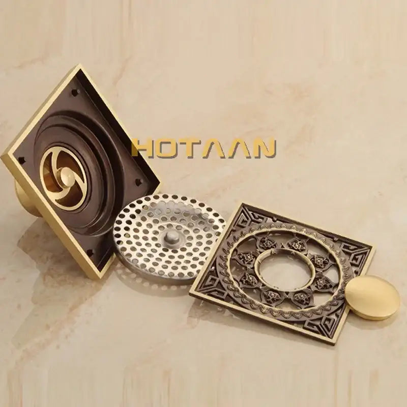 Antique brass flower art square floor drain black & gold bathroom