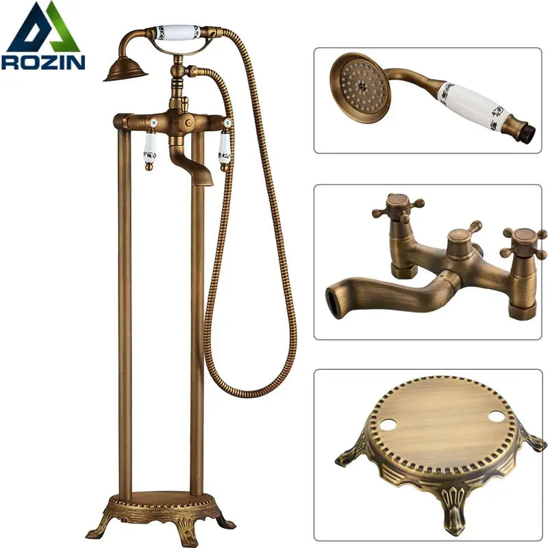 Antique brass freestanding bathtub faucet with hand shower bathroom
