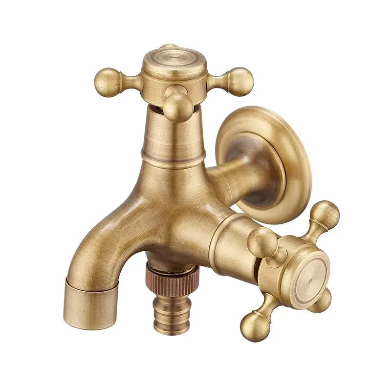 Antique brass garden bibcocks – outdoor vintage cross handle tap