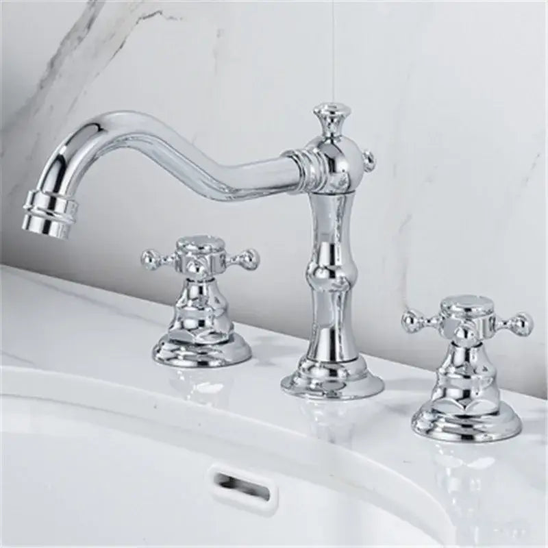 Antique brass gold bathroom basin faucet with ornate cross handles