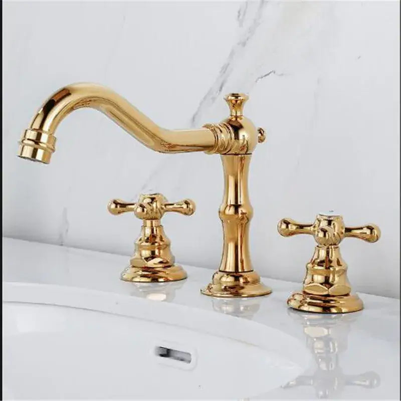 Antique brass gold bathroom basin faucet with ornate cross handles