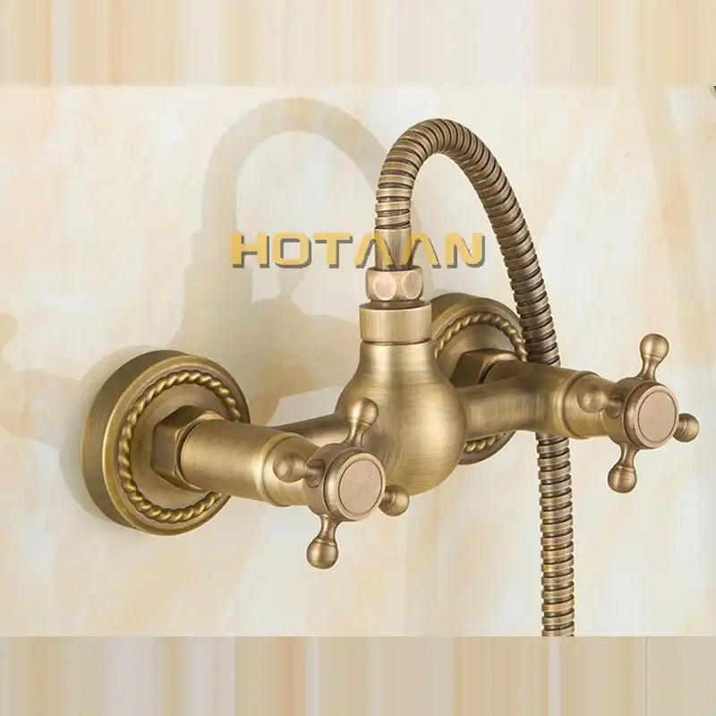 Antique brass hand held shower head kit bathroom wall mount faucet