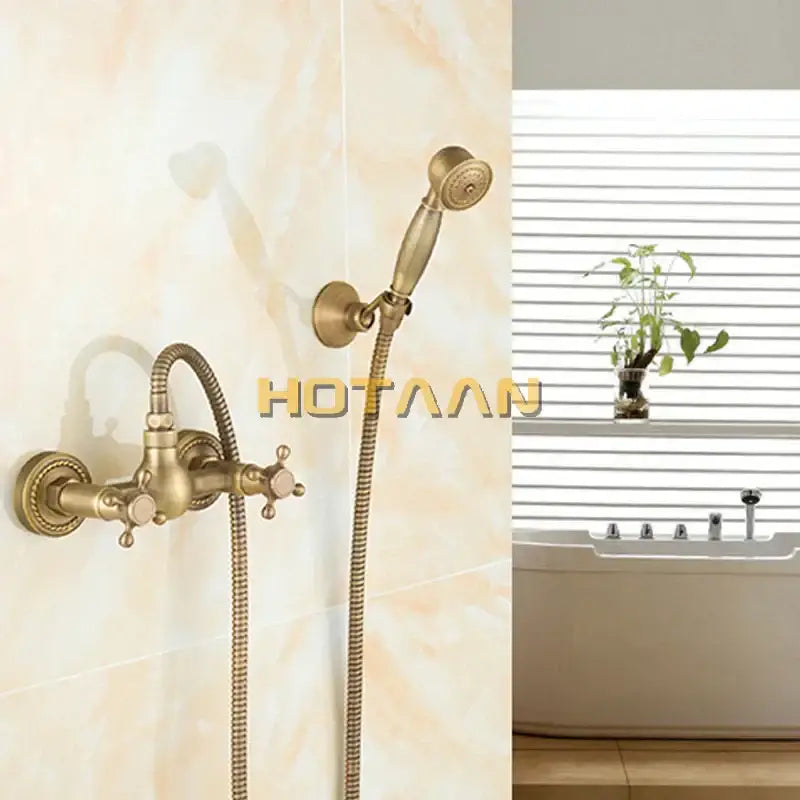 Antique brass hand held shower head kit bathroom wall mount faucet