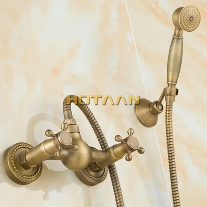 Antique brass hand held shower head kit bathroom wall mount faucet