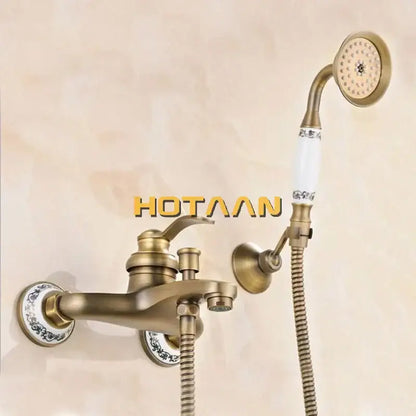 Antique brass and white floral shower head kit bathroom faucet