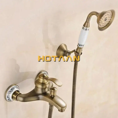 Antique brass and white floral shower head kit bathroom faucet