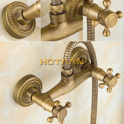 Antique brass hand held shower kit bathroom cross handle faucet