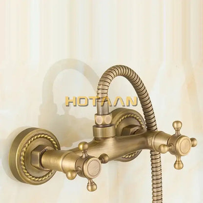 Antique brass hand held shower kit bathroom cross handle faucet