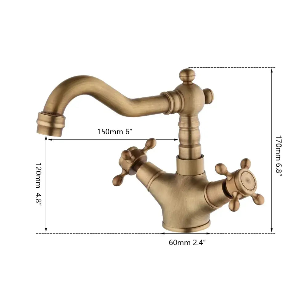 Antique brass swivel mixer tap with cross handles for kitchen or bath