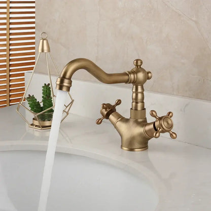 Antique brass swivel mixer tap with cross handles for kitchen or bath