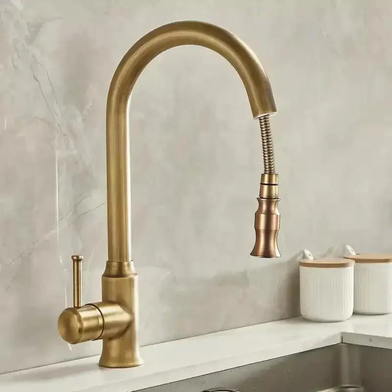 Antique brass kitchen faucet with pull out spray sink mixer tap