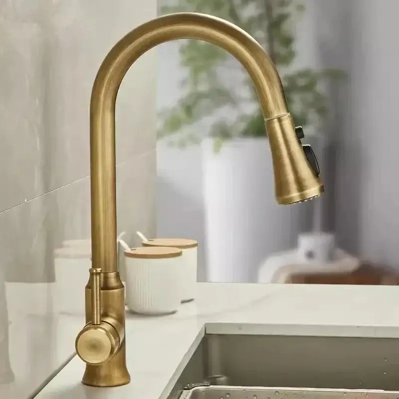 Antique brass kitchen faucet with pull out spray sink mixer tap