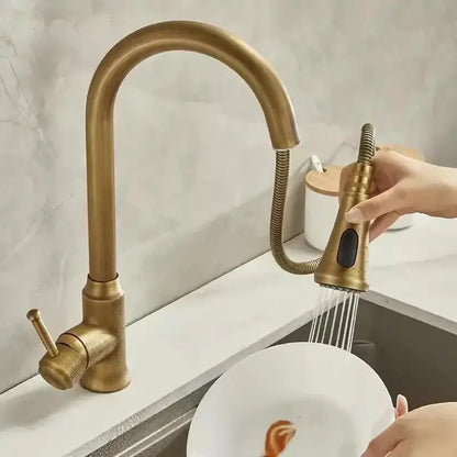 Antique brass kitchen faucet with pull out spray sink mixer tap