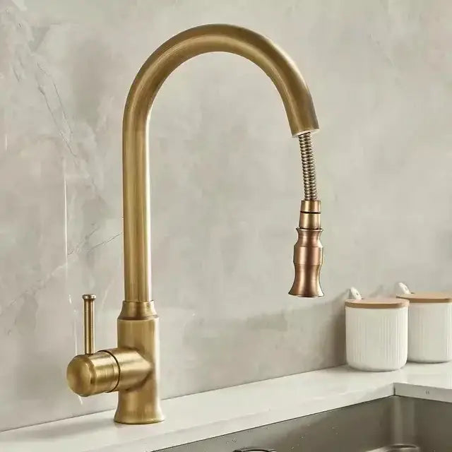 Antique brass kitchen faucet with pull out spray sink mixer tap