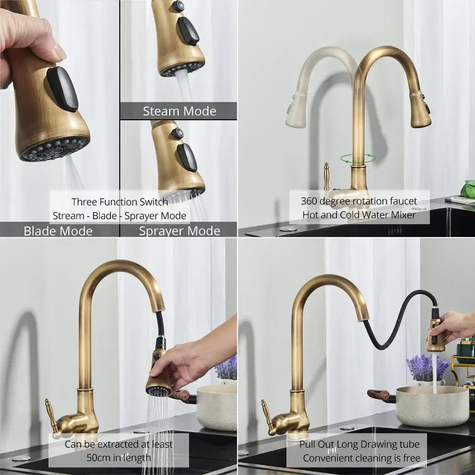 Antique brass kitchen faucet with pull out spray mixer tap