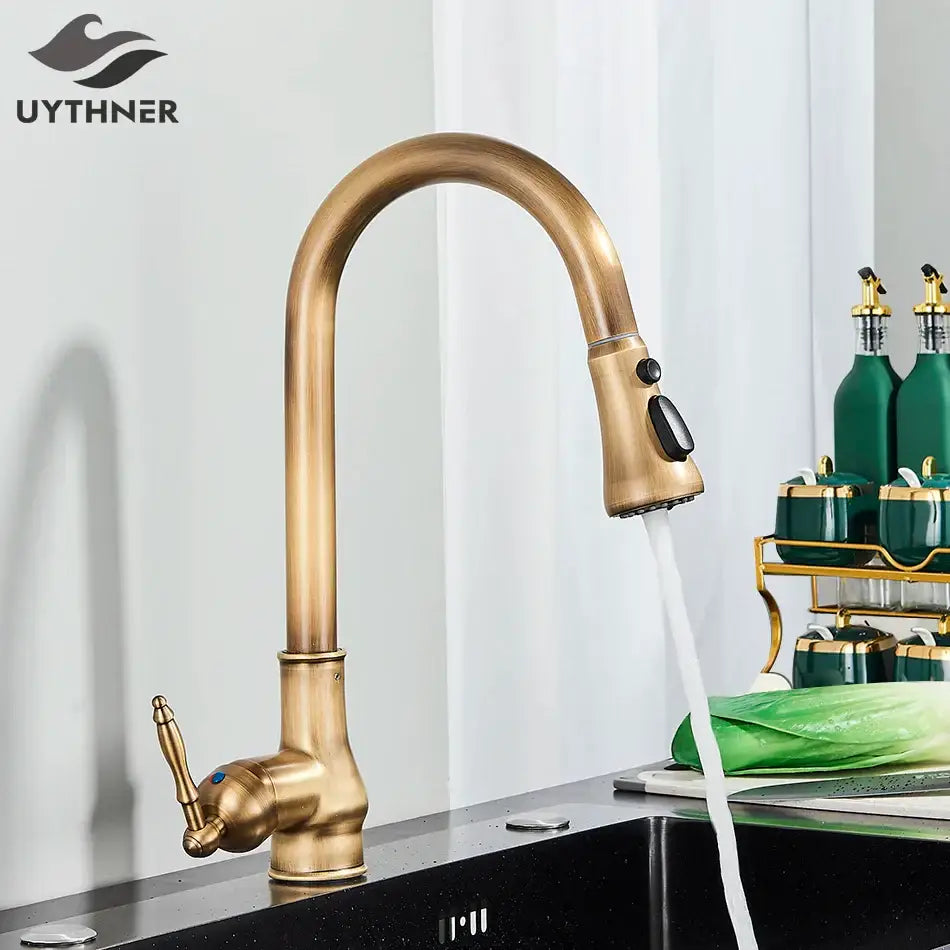 Antique brass kitchen faucet with pull out spray mixer tap