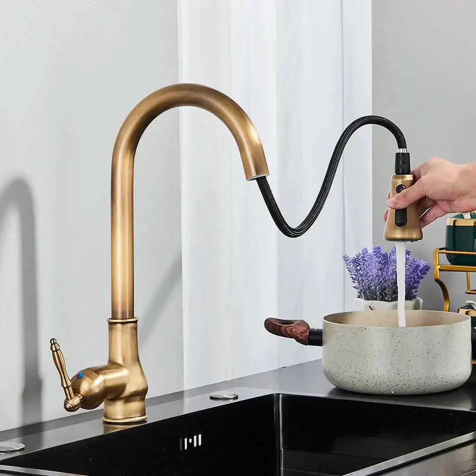 Antique brass kitchen faucet with pull out spray mixer tap