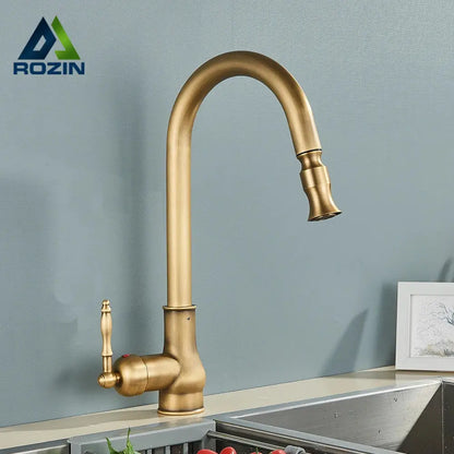 Antique brass kitchen faucet with pull out spout and single lever