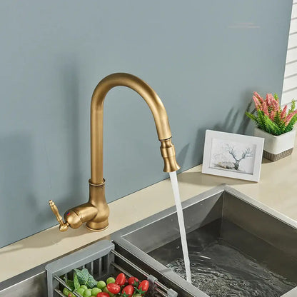 Antique brass kitchen faucet with pull out spout and single lever