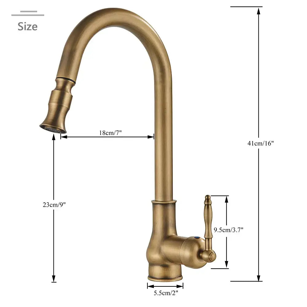 Antique brass kitchen faucet with pull out spout and single lever
