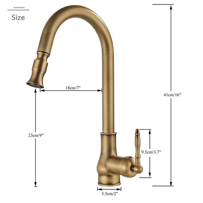 Antique brass kitchen faucet with pull out spout and single lever