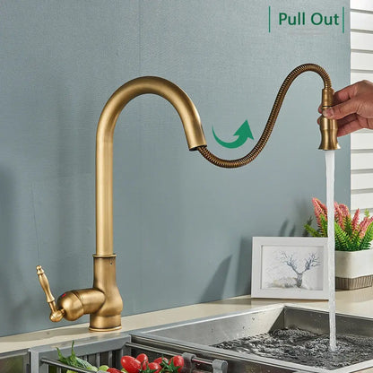 Antique brass kitchen faucet with pull out spout and single lever