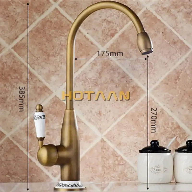 Antique brass kitchen faucet with floral ceramic handle