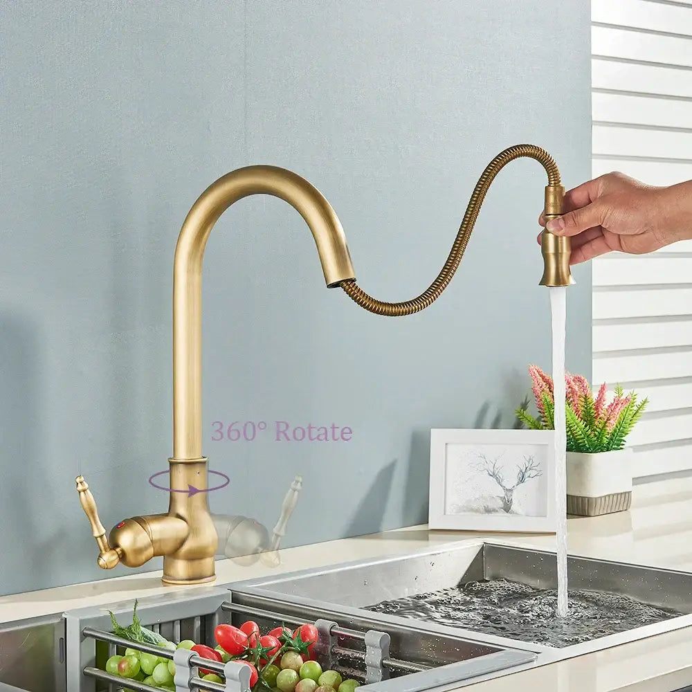 Vintage antique brass kitchen faucet with pull down swivel spout