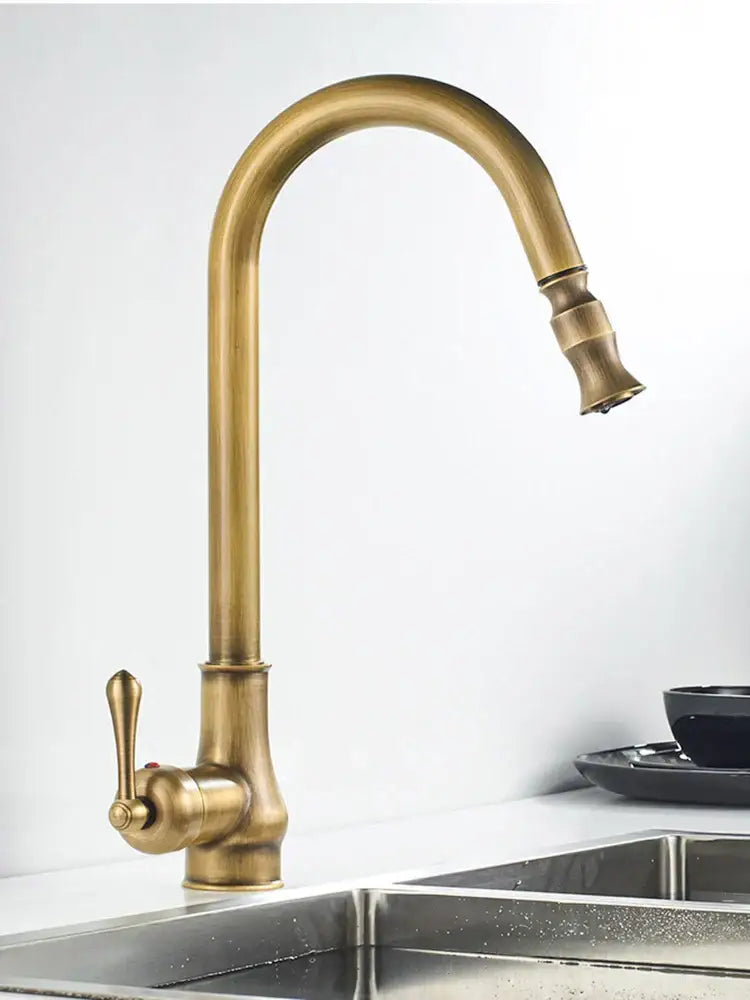 Vintage antique brass kitchen faucet with pull down swivel spout