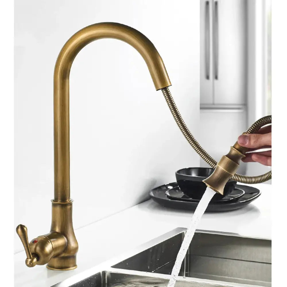 Vintage antique brass kitchen faucet with pull down swivel spout
