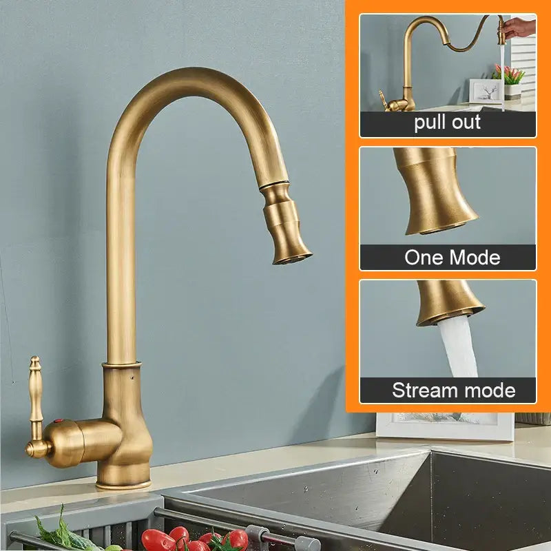 Vintage antique brass kitchen faucet with pull down swivel spout