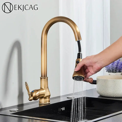 Antique brass kitchen faucet with pull down spout