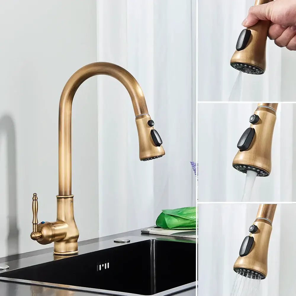 Antique brass kitchen faucet with pull down spout