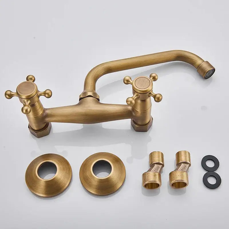 Antique brass wall mounted kitchen faucet with cross handles