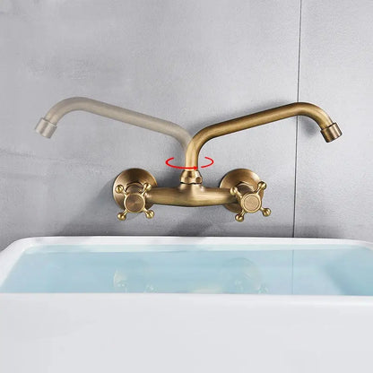 Antique brass wall mounted kitchen faucet with cross handles