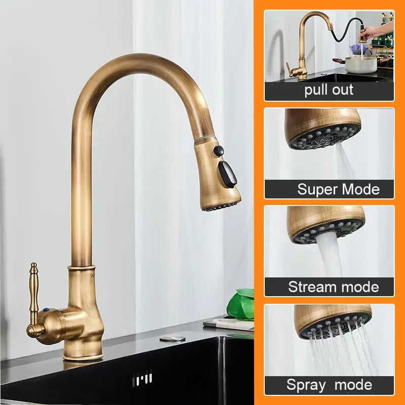 Vintage antique brass kitchen sink faucet with pull down spout