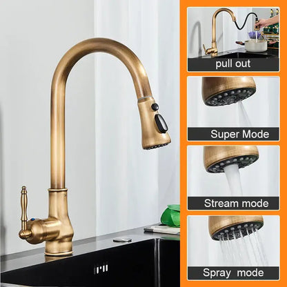 Vintage antique brass kitchen sink faucet with pull down spout