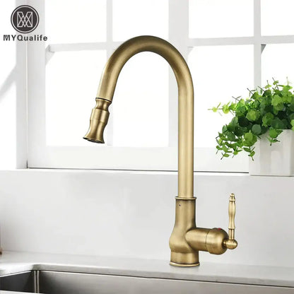 Vintage antique brass kitchen sink faucet with pull down spout