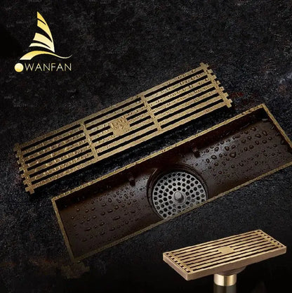 Antique brass linear shower floor drain with carved cover for bathroom