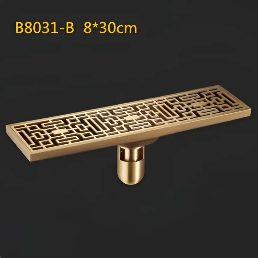 Antique brass linear shower floor drain with carved cover for bathroom