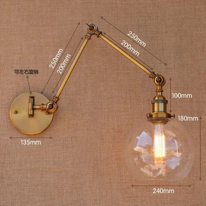 Antique brass swing arm wall lamp bedroom glass globe sconce