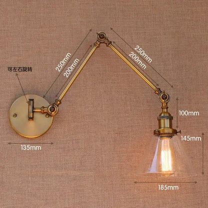 Antique brass swing arm wall lamp bedroom glass globe sconce