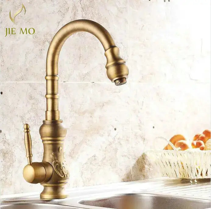 Antique brass porcelain basin mixer kitchen faucet with floral detail